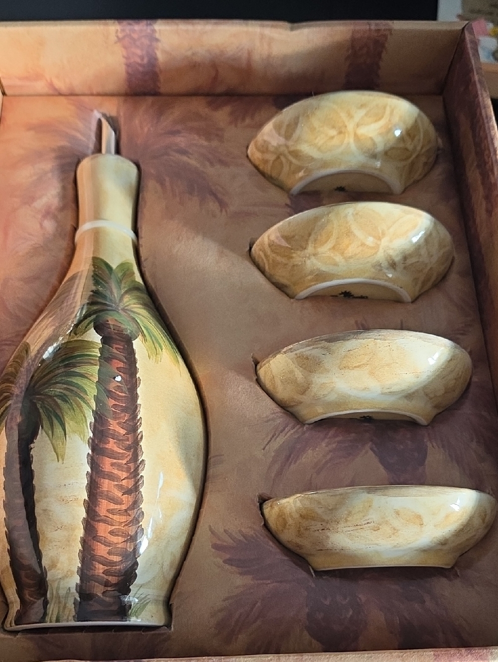 Bellagio Palm Tree Ceramic Oil Bottle and Dipping Bowls Set